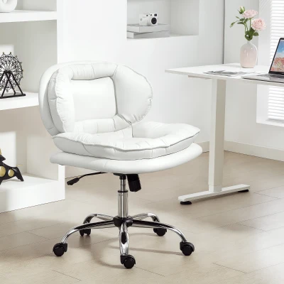 HOMCOM Silla de Oficina Piernas Cruzadas con Asiento Ancho Ruedas Altura Ajustable Doble Acolchado Función Basculante Blanco