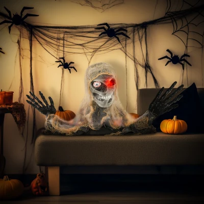 HOMCOM Halloween Decoratie, Eenogige Mummie, Buigzame Armen, Gloeiende Ogen, Griezelig Gehuil, 55x18x35 cm