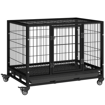 PawHut 38" Heavy Duty Metal Dog Crate with Tray Black