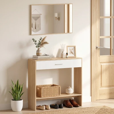 HOMCOM Recibidor de Entrada con Espejo Cajón y Estante Mueble de Recibidor para Pasillo 91,5x27,9x85,5 cm Roble