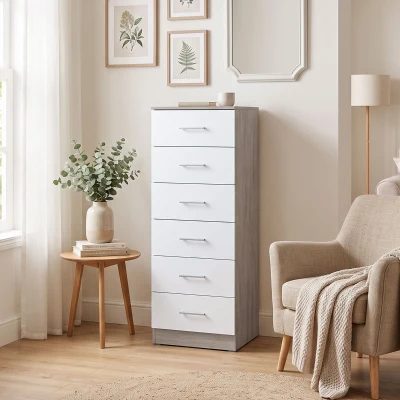 HOMCOM Comodă cu 6 sertare Comodă înaltă pentru dormitor cu sistem anti-răsturnare 40x40x110 cm Gri deschis și Alb