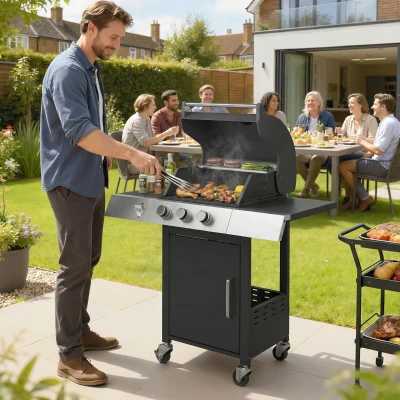 Outsunny Barbacoa de Gas con 3 Quemadores 8,1 kW Termómetro Parrillas Mesas Laterales Armario y Ruedas 109x50x109 cm Negro