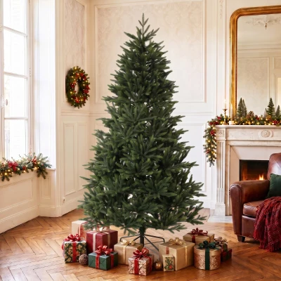 HOMCOM Árvore de Natal Artificial 180cm Densa Realista, 732 Ramos em PE Ignífugos, Base Dobrável em Madeira, Verde