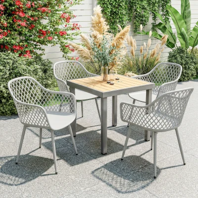 Outsunny Juego de 4 Sillas de Jardín Exterior de PP con Respaldo Diamante Asiento Anti-UV Reposabrazos y Patas Metálicas Gris