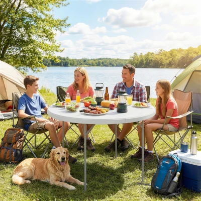 Outsunny Mesa Plegable Camping 120x120x74 cm Mesa Plegable Portátil con Encimera de HDPE Almohadillas Antideslizantes Blanco