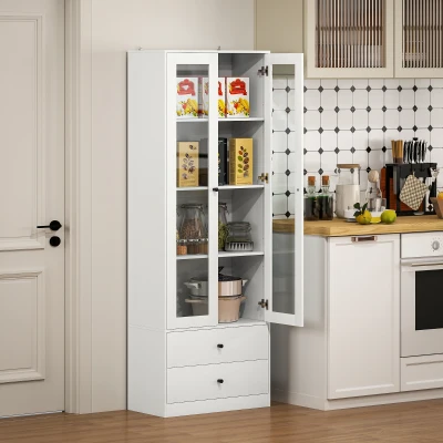 HOMCOM Móvel de Arrumação Sala de Estar Moderno com Armário de Portas de Vidro Prateleiras Ajustáveis e 2 Gavetas 59x30x164 cm Branco