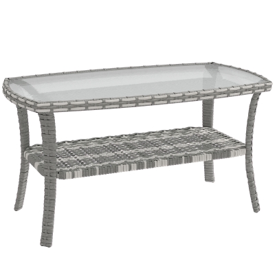 Outsunny Mesa de Jardín Exterior Rectangular de Ratán con Estante Tablero de Vidrio Templado con Ondas 90x50x45 cm Gris Oscuro