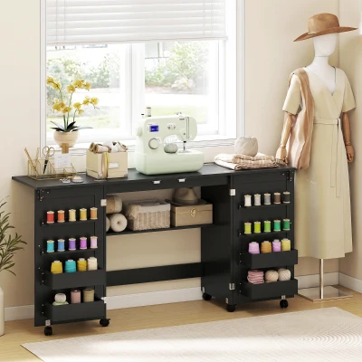 HOMCOM Mesa de costura dobrável, móvel de costura com rodízios, 2 portas magnéticas, 4 compartimentos, 20 ganchos, 160x40x83cm, preto