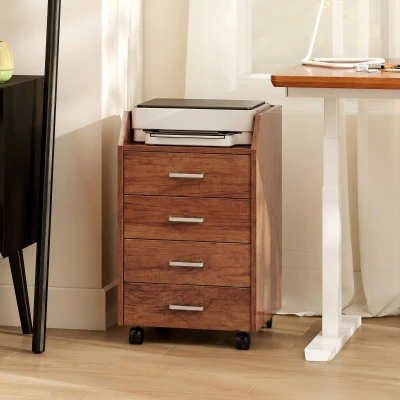 Vinsetto Cajonera de Escritorio con Ruedas Cajonera de Oficina con 4 Cajones Archivador Móvil para Estudio 40x36x65 cm Marrón