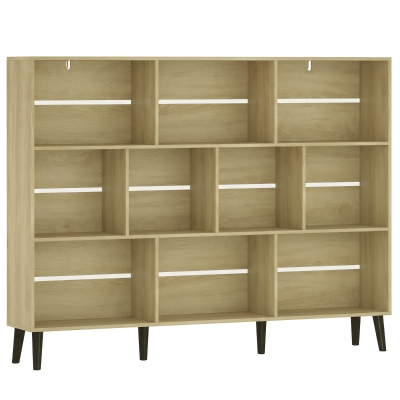 HOMCOM 10-Cube Bookcase, 3-Tier Book Shelf with Solid Wood Legs, 140 cm Modern Bookshelf with Anti-Tip Kit, Oak