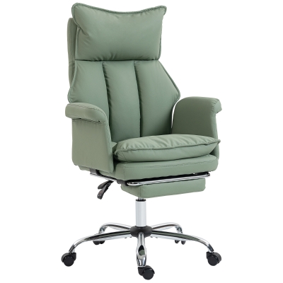 HOMCOM Silla de Escritorio con Reposapiés Respaldo Reclinable Alto Acolchado Grueso Tapizada en Cuero Sintético Ruedas Verde