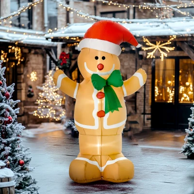 HOMCOM Opblaasbare kerstdecoratie 1,83 m – Peperkoekman met strik, 3 LED's en ingebouwde opblaspomp