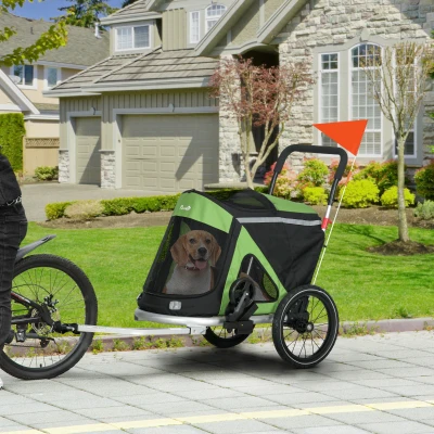 PawHut 2-in-1 Hondenbuggy Hondenjogger Fietskar, 2 Reflectoren, 1 Veiligheidslijn, 150 x 68 x 95 cm, Groen