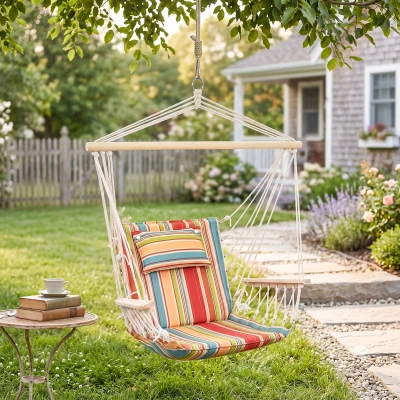 Outsunny Hängesessel Hängeschaukel mit Querstrebe und Kissen Deckenhaken Gestell Hängestuhl bis 100kg belastbar Hängesitz für Indoor Outdoor Garten Terrasse Mehrfarbig