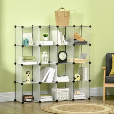 HOMCOM Armario Modular de Plástico Zapatero Organizador con 16 Cubos para Entrada Pasillo Dormitorio 125x32x125 cm Transparente