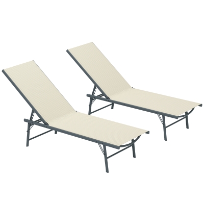 Outsunny Lot 2 Chaises Longues Pliantes Jardin Textilène Crème