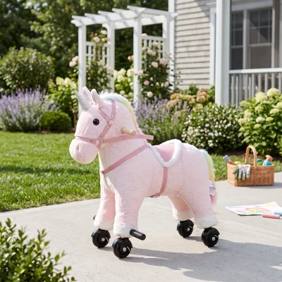 AIYAPLAY Cheval à Roulettes Peluche Rose 1-3 Ans Effets Sonores