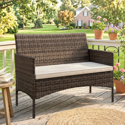 Outsunny 2-Sitzer Rattan Gartensofa PE-Rattan Outdoor-Terrassen-Sofa mit Polster, Anti-Rutsch-Matten, Stahlrahmen, Khaki