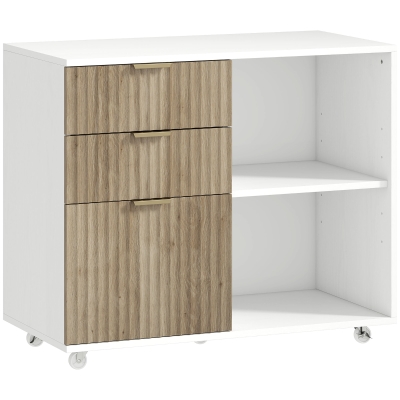 HOMCOM Suport pentru imprimantă pe roți, 3 sertare, 2 rafturi deschise, design ondulat, 80x40x68cm, Alb Stejar