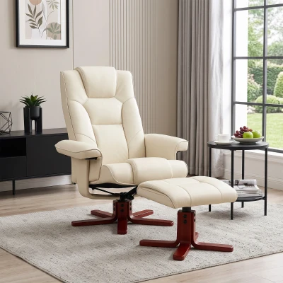 HOMCOM Recliner Chair Faux Leather Footstool Set Cream White
