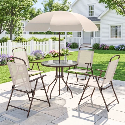 Outsunny Conjunto de Muebles para Jardín con 4 Sillas 1 Mesa y 1 Parasol Texteline Aluminio y Poliéster Beige