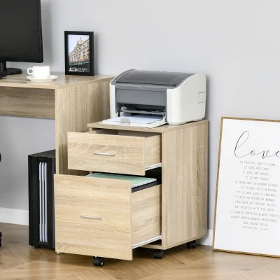 HOMCOM Cajonera de Escritorio con 2 Cajones Ruedas Archivador Móvil para Archivos A4 o Cartas 39,5x39x58,5 cm Roble