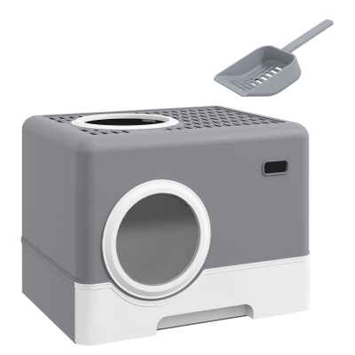 PawHut Arenero para Gatos Cubierto con Pala Bandeja Extraíble Entrada Frontal y Salida Superior 52x41x38,5 cm Gris