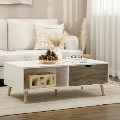 HOMCOM Coffee Table Modern with Storage Shelves & Drawers White