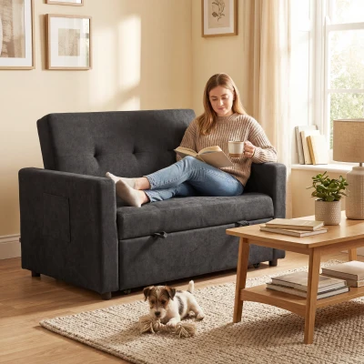HOMCOM Convertible Loveseat Sofa Bed with Pillows Black