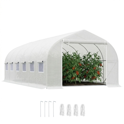 Outsunny Invernadero de Exterior Invernadero de Túnel 6x3x2 m Invernadero de Jardín Grande con 12 Ventanas y Puerta Enrollable con Cremallera Macro de Metal para Cultivo Plantas Blanco