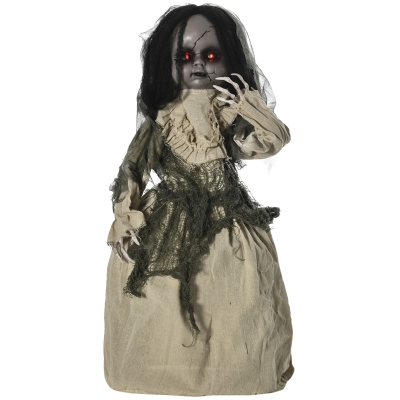 Outsunny Halloween-decoratie van 83 cm Bewegende spookpop met speciale effecten en geluidsfunctie, rode ogen met kroonluchters, gemotoriseerde wielen, horrorpop