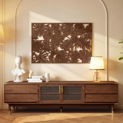 HOMCOM Decoración de Pared de Madera 3D 3 Piezas 40x80 cm Adornos de Pared con Patrón de Hojas Tropicales Nogal