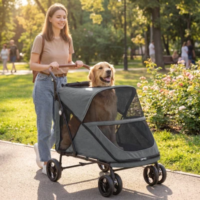 PawHut Carrito para Perros Plegable con un Botón hasta 30 kg con Suspensión en 4 Ruedas Giratorio y Freno de Pie Gris