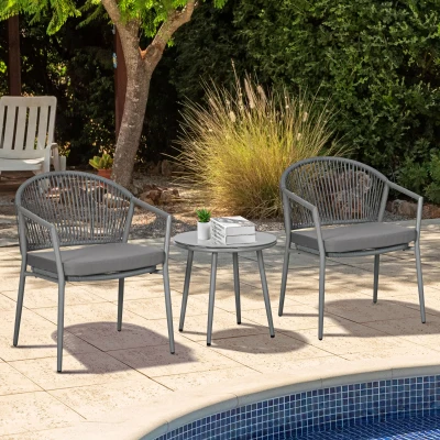 Outsunny Juego de 2 Sillas y Mesa de Ratán con Cojines Acolchados y Encimera de Vidrio para Balcón Terraza Gris