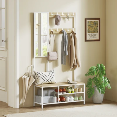 HOMCOM Perchero Zapatero con Espejo 3 Estantes Banco 10 Ganchos Ajustables Estilo Moderno para Pasillo 98x34x186 cm Natural