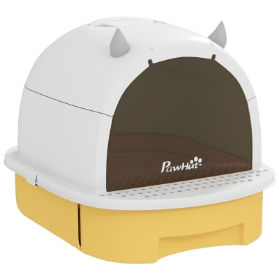 PawHut Arenero Cerrado para Gatos con Bandeja Extraíble Filtro de Carbono Pala y Asa Superior 40,5x52x39 cm Amarillo y Blanco