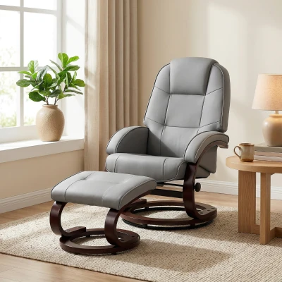 HOMCOM Swivel Recliner Chair PU Leather Wood Frame Grey