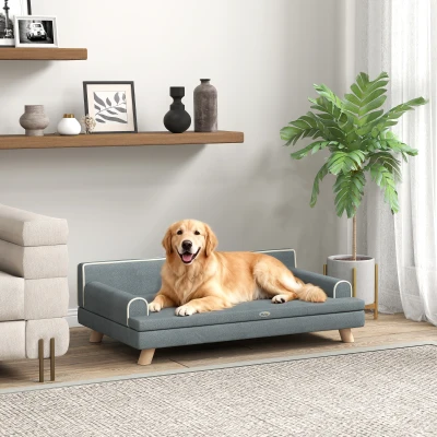 PawHut Sofá para Perros Grandes y Medianos Tapizada en Chenilla con Cojín Lavable y Patas de Madera de Pino Gris Oscuro