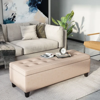 HOMCOM Banco de Almacenamiento Puff de Almacenaje Taburete Tapizado en Lino con Tapa Abatible para Entrada 125x49x41,5 cm Beige