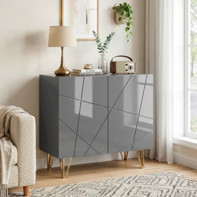 HOMCOM Modern Sideboard High Gloss Hairpin Legs Grey