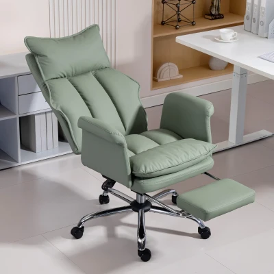 HOMCOM Silla de Escritorio con Reposapiés Respaldo Reclinable Alto Acolchado Grueso Tapizada en Cuero Sintético Ruedas Verde