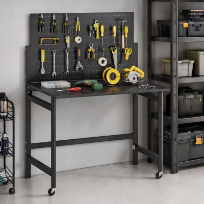 HOMCOM Banco de Trabajo con Tablero Perforado Mesa de Trabajo Plegable con Ruedas Marco de Acero Ganchos Negro