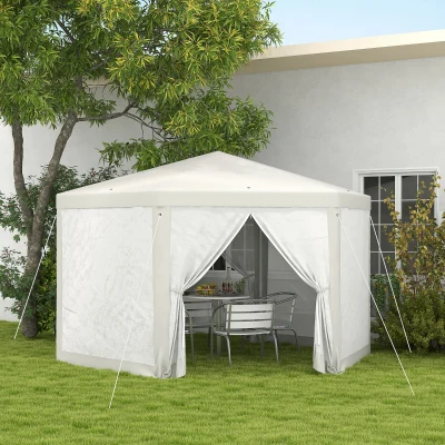 Outsunny Tuinpaviljoen, zeshoekig, met netgordijnen, metalen frame, 4x4x2,5m, Crème