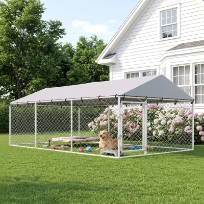 PawHut Recinto para Perros de Exterior con Malla Galvanizada y Cerradura de Acero y Tejido Oxford 4x2,3x1,5 m Plateado