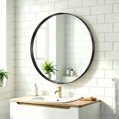 HOMCOM Round Wall Mirror 61cm Aluminium Frame Wall-Mounted Black