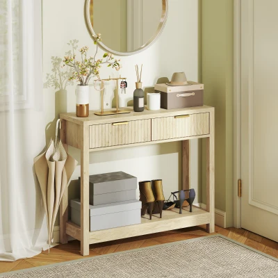 HOMCOM Console 90cm Bois Naturel Moderne 2 Tiroirs et Étagère
