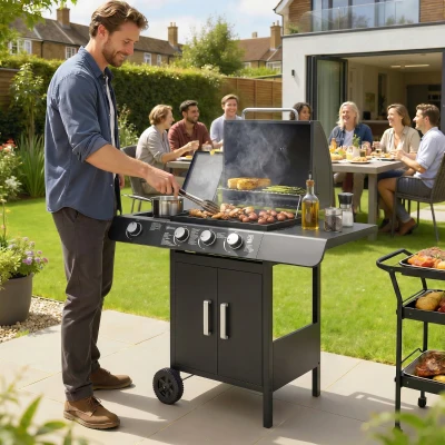 Outsunny Barbacoa de Gas BBQ con 3+1 Quemadores 11,6 KW 2 Mesas Laterales Armario de 2 Puertas Termómetro y 2 Ruedas Acero Inoxidable 110x50x100 cm Negro
