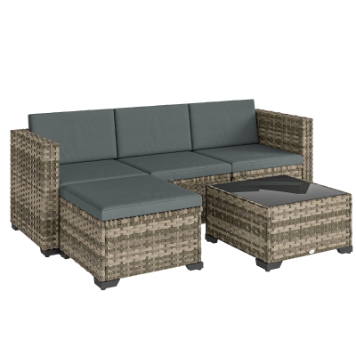 Outsunny Conjunto de Jardín Exterior de Ratán 5 Piezas con Cojines 2 Sillones de Esquina Sillón sin Brazos Reposapiés y Mesa