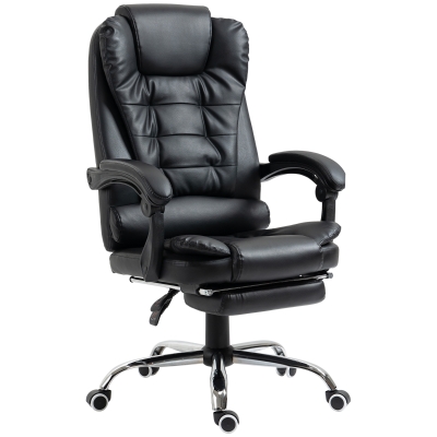 HOMCOM Silla de Escritorio con Reposapiés Silla Ejecutiva Giratoria con Altura Ajustable Tapizada en PU y Reposabrazos Negro