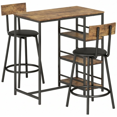 HOMCOM Bar Table Set 3 Piece PU Stools Storage Rustic Brown